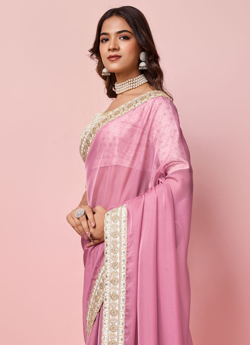 Pink Soft Organza Embroidered Designer Saree