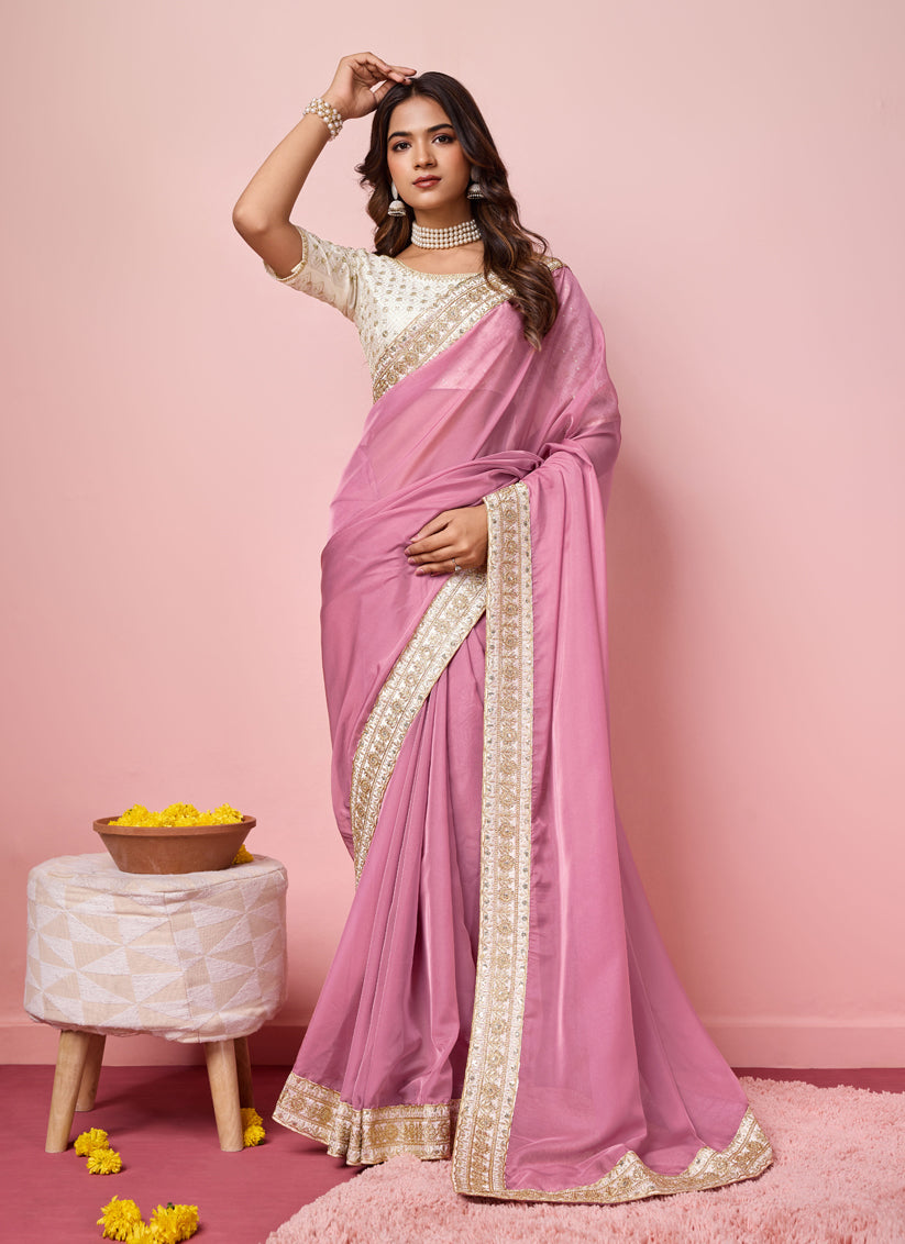 Pink Soft Organza Embroidered Designer Saree