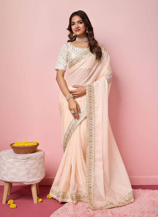 Cream Soft Organza Embroidered Designer Saree