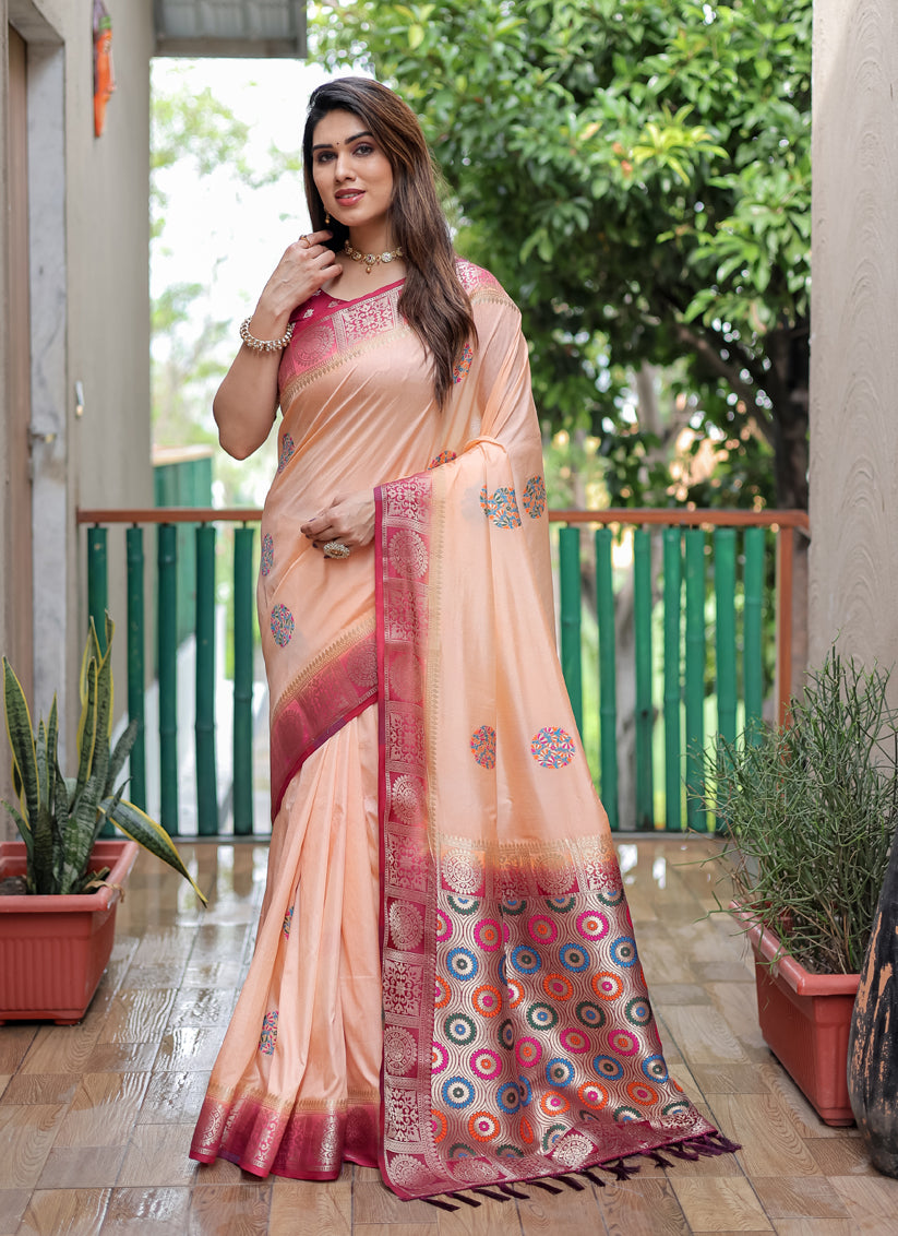 Peach Silk Weaving Designer Saree