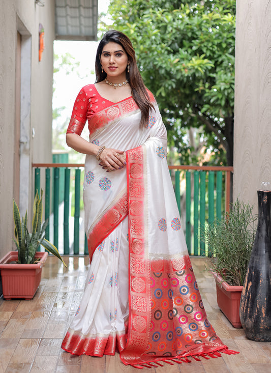 White Silk Weaving Designer Saree