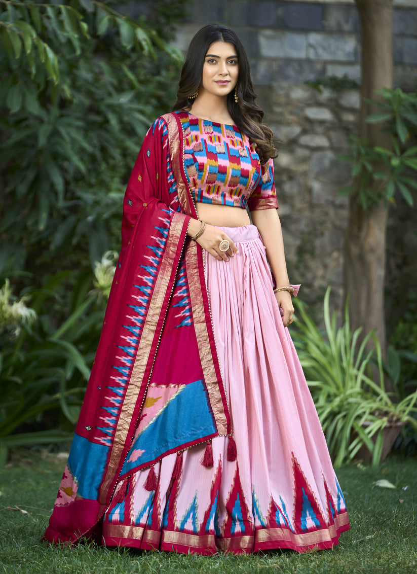 Pink Tussar Silk Printed Lehenga Choli For Festival