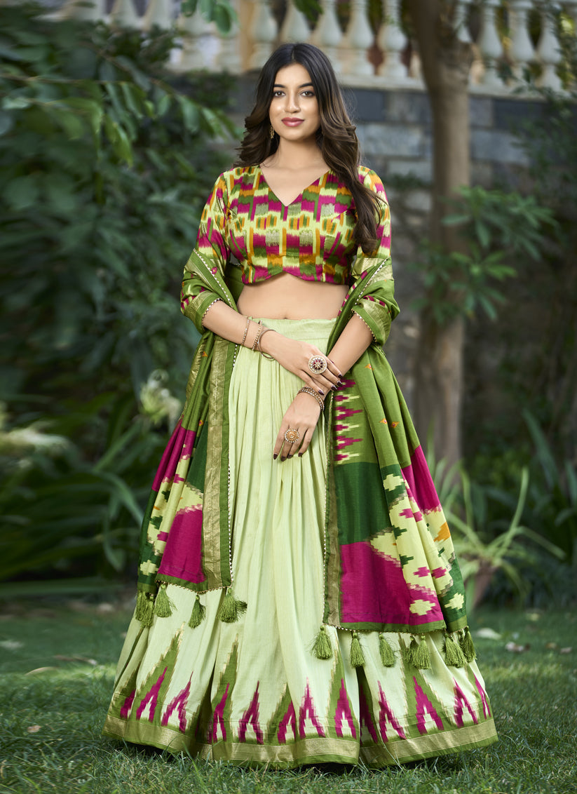 Pastel Green Tussar Silk Printed Lehenga Choli For Festival