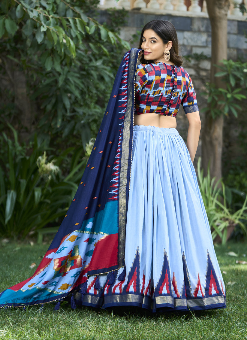 Sky Blue Tussar Silk Printed Lehenga Choli For Festival