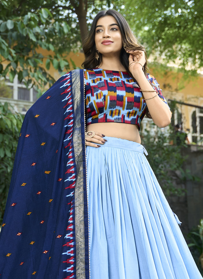 Sky Blue Tussar Silk Printed Lehenga Choli For Festival