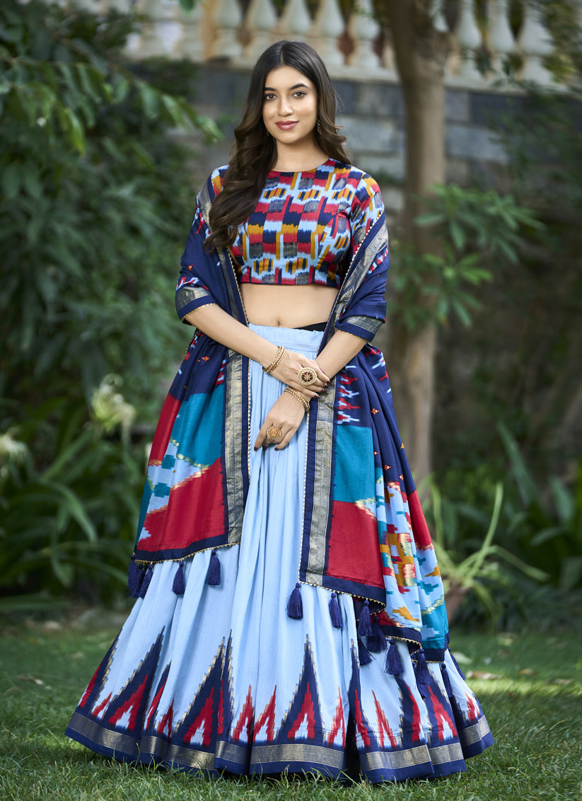 Sky Blue Tussar Silk Printed Lehenga Choli For Festival