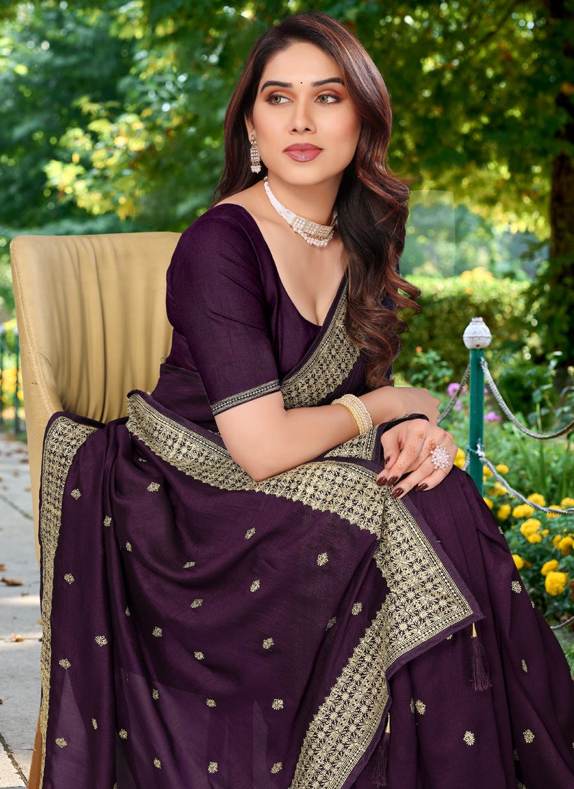 Burgundy Silk Georgette Embroidered Saree