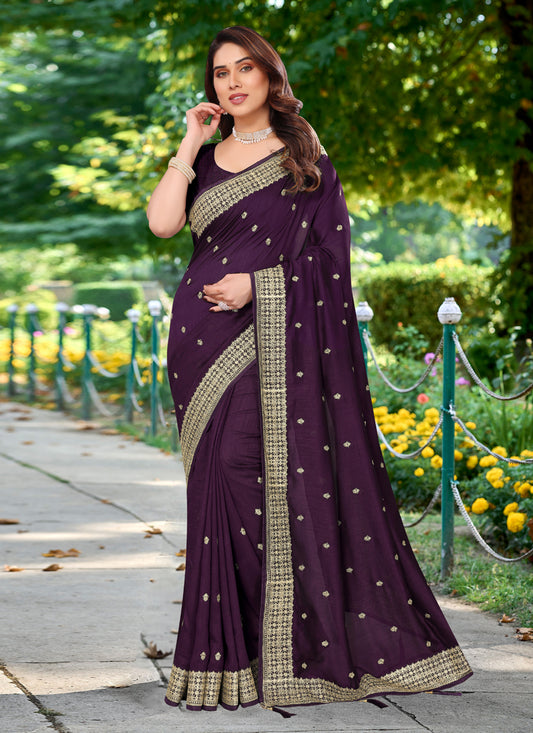 Burgundy Silk Georgette Embroidered Saree