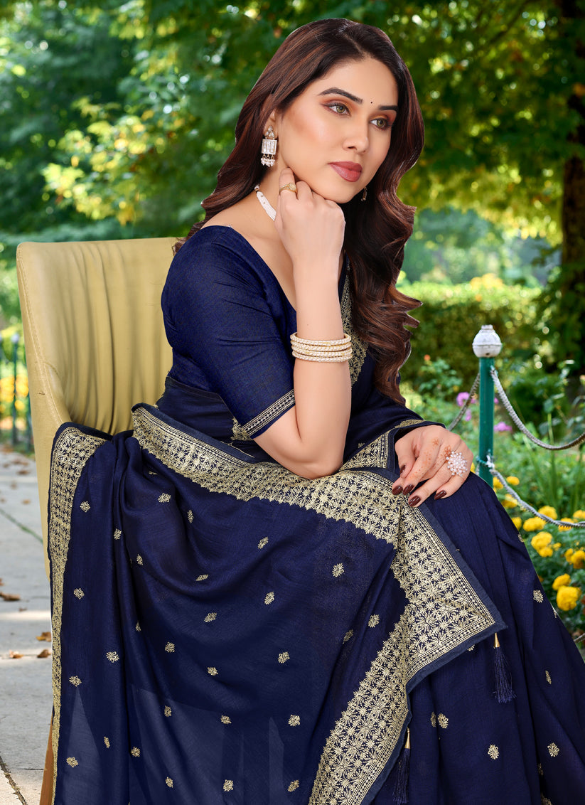 Navy Blue Silk Georgette Embroidered Saree