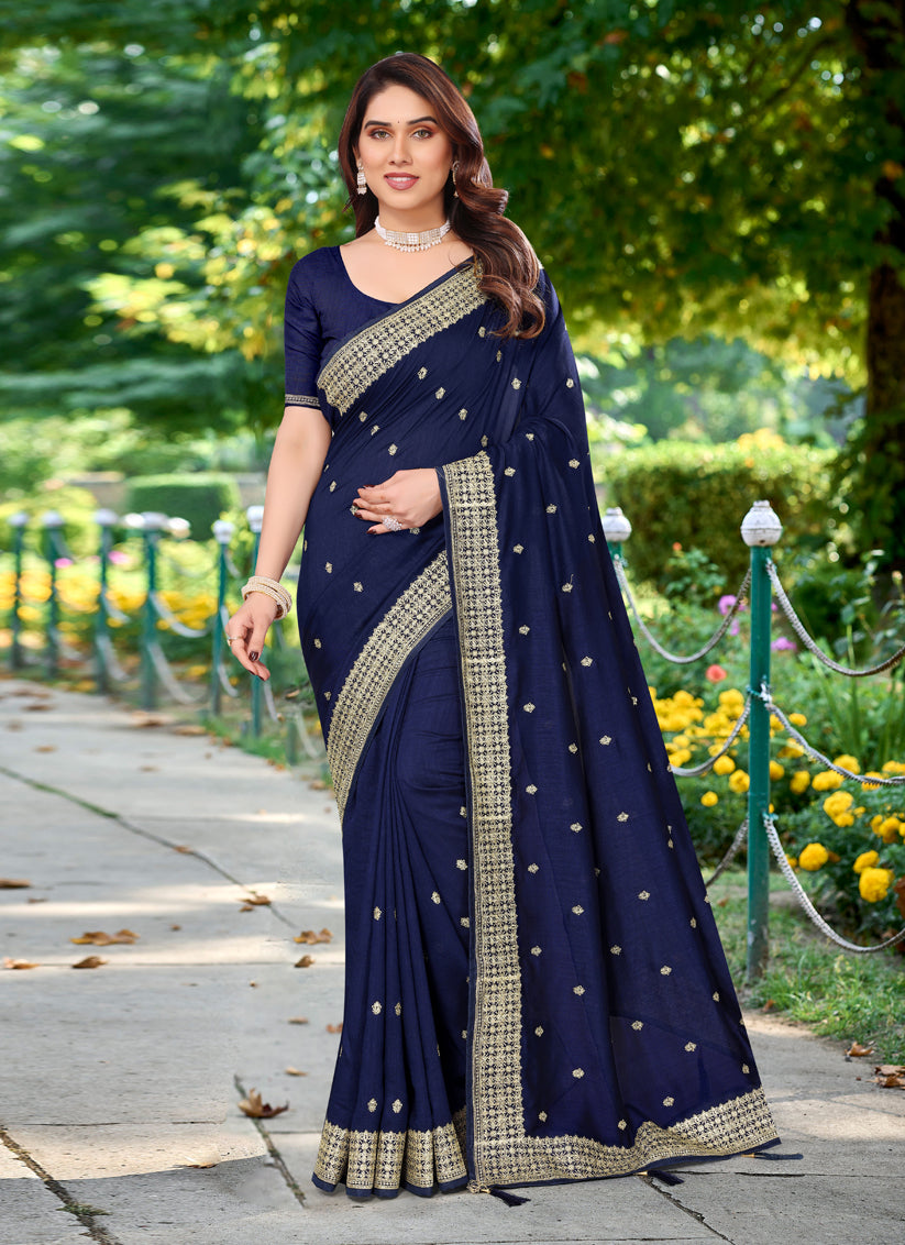 Navy Blue Silk Georgette Embroidered Saree