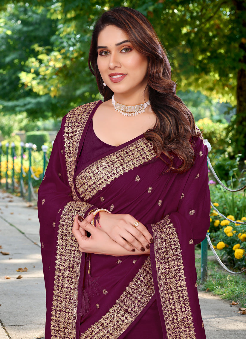 Wine Silk Georgette Embroidered Saree