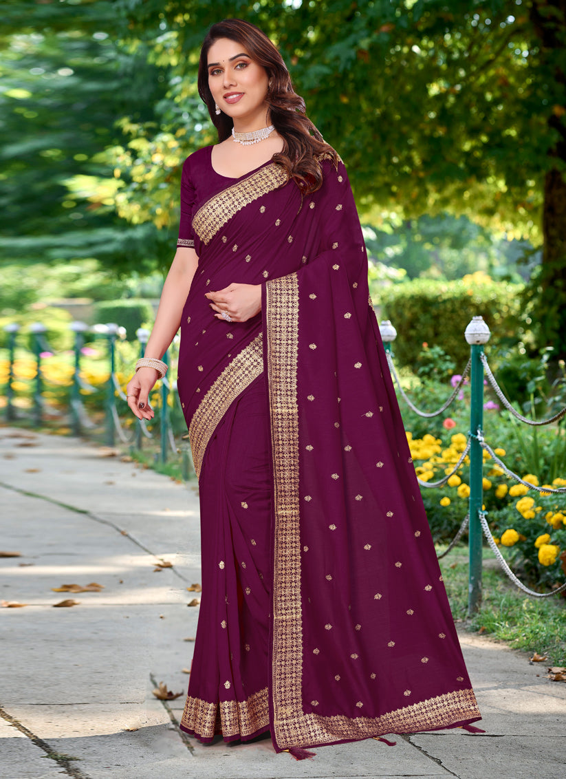 Wine Silk Georgette Embroidered Saree