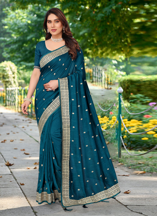 Peacock Blue Silk Georgette Embroidered Saree