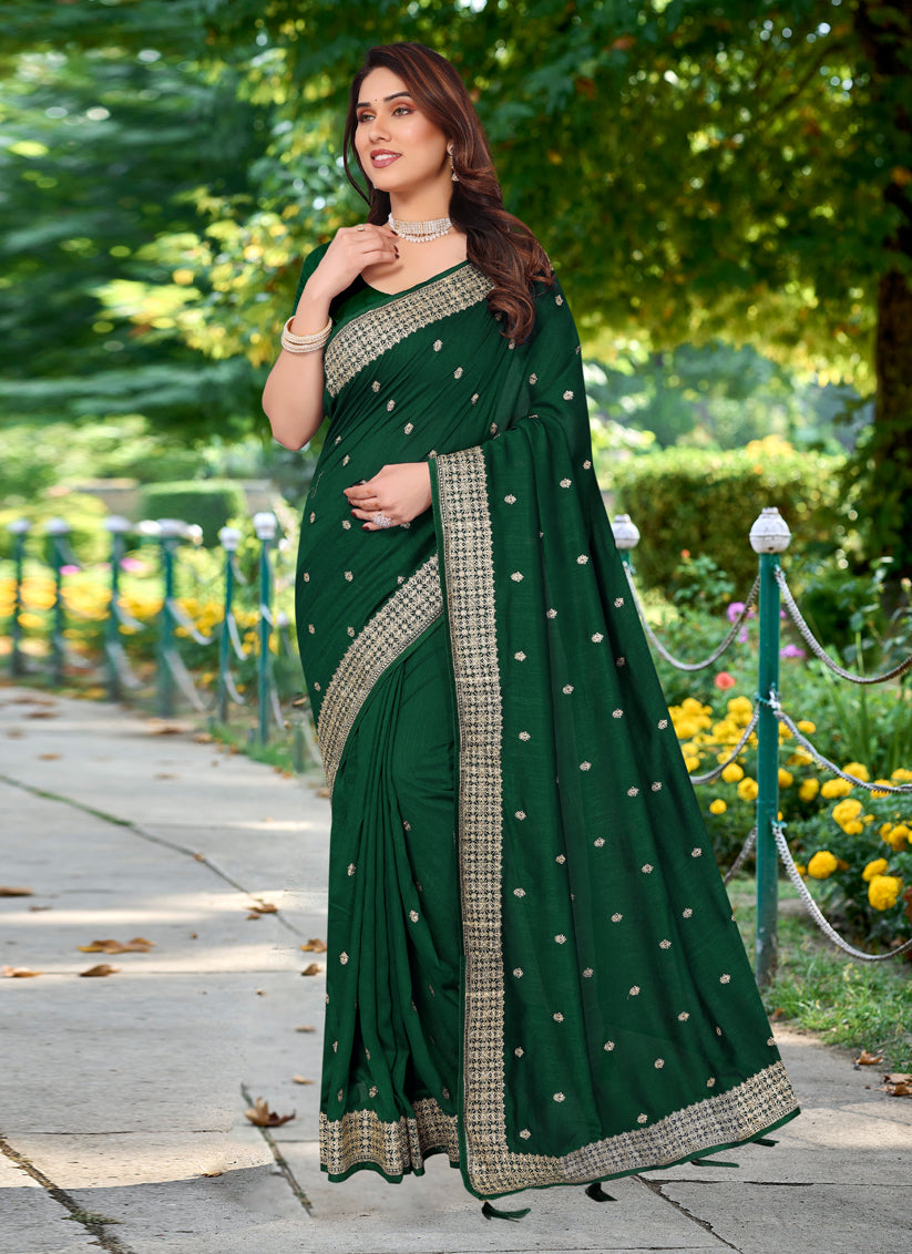 Forest Green Silk Georgette Embroidered Saree