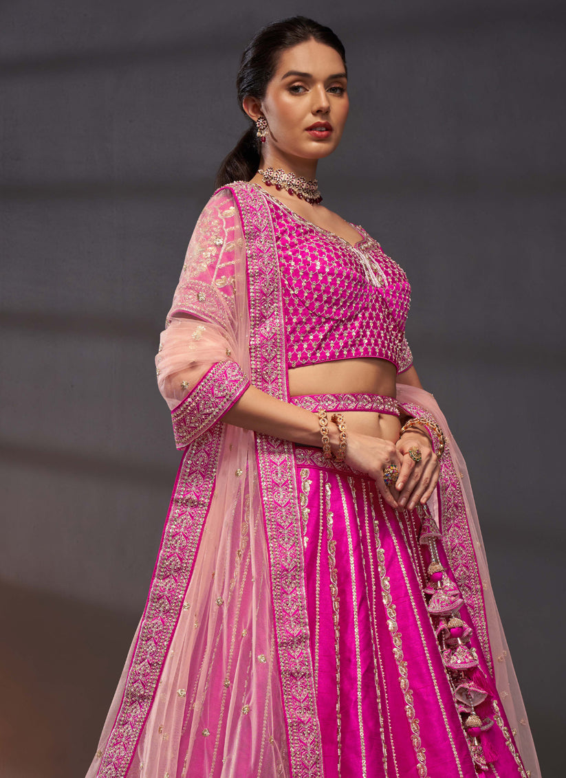 Rani Pink Silk Embroidered Designer Wedding Lehenga Choli