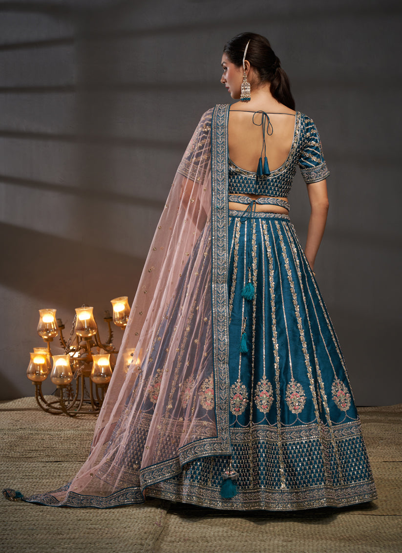 Teal Blue Silk Embroidered Designer Wedding Lehenga Choli