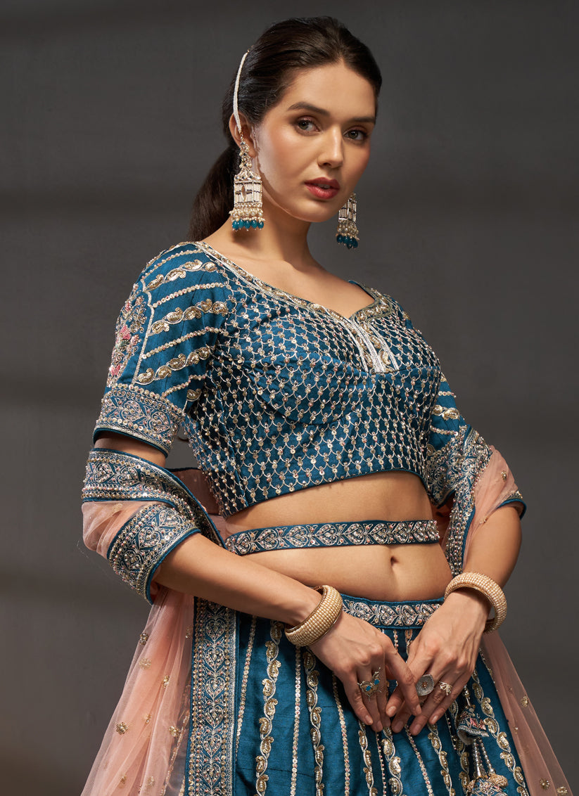 Teal Blue Silk Embroidered Designer Wedding Lehenga Choli