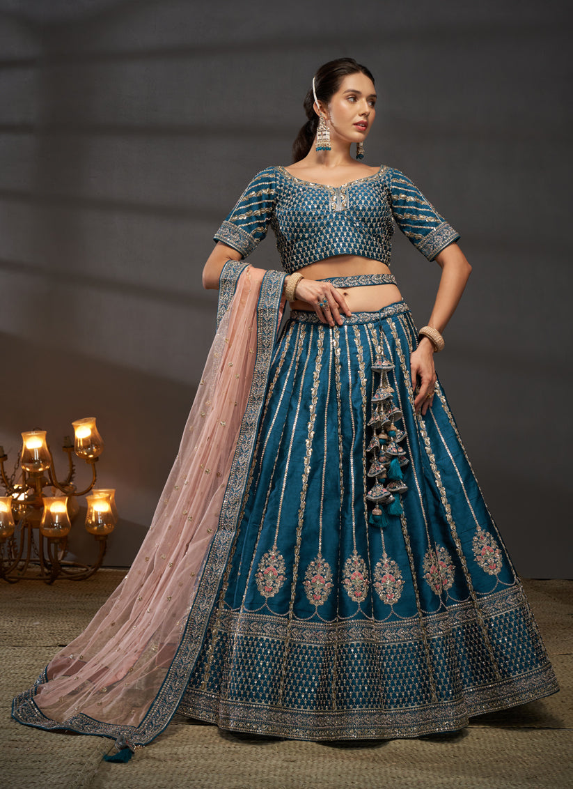 Teal Blue Silk Embroidered Designer Wedding Lehenga Choli