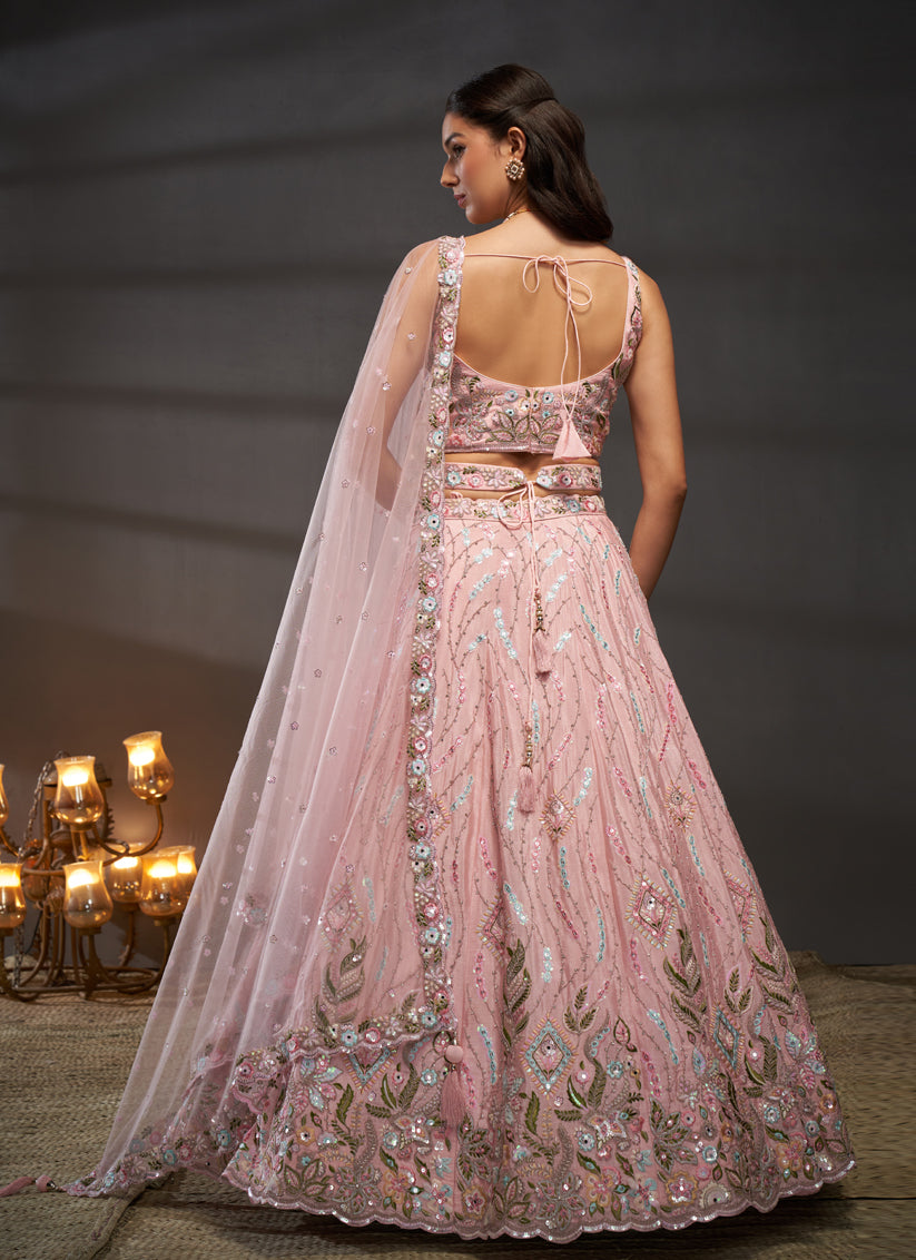 Blush Pink Chiffon Embroidered Designer Wedding Lehenga Choli