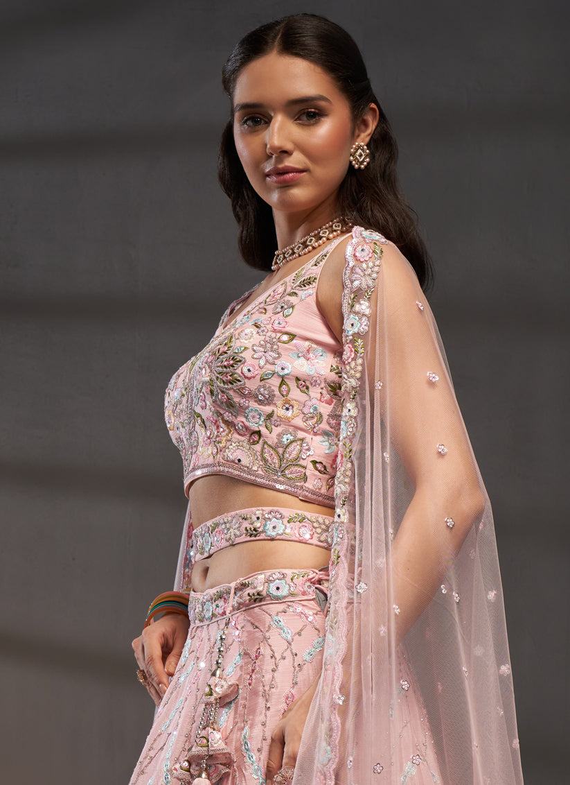 Blush Pink Chiffon Embroidered Designer Wedding Lehenga Choli