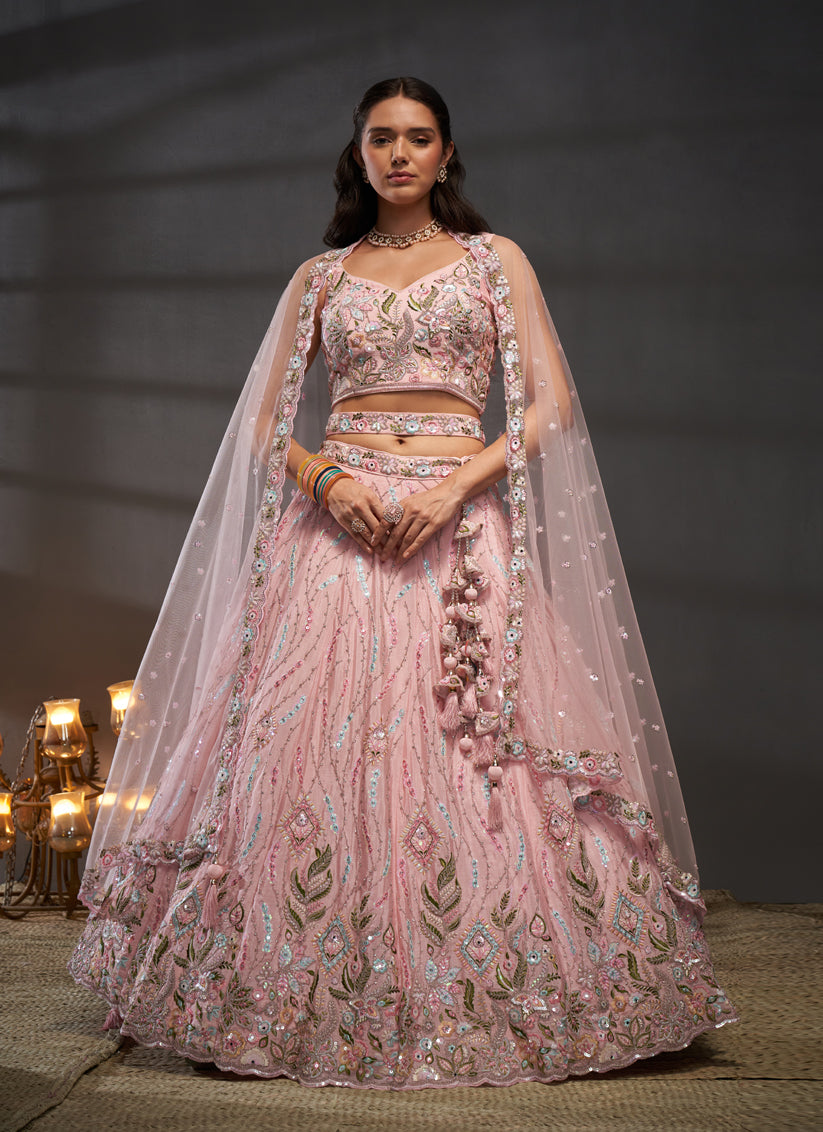 Blush Pink Chiffon Embroidered Designer Wedding Lehenga Choli