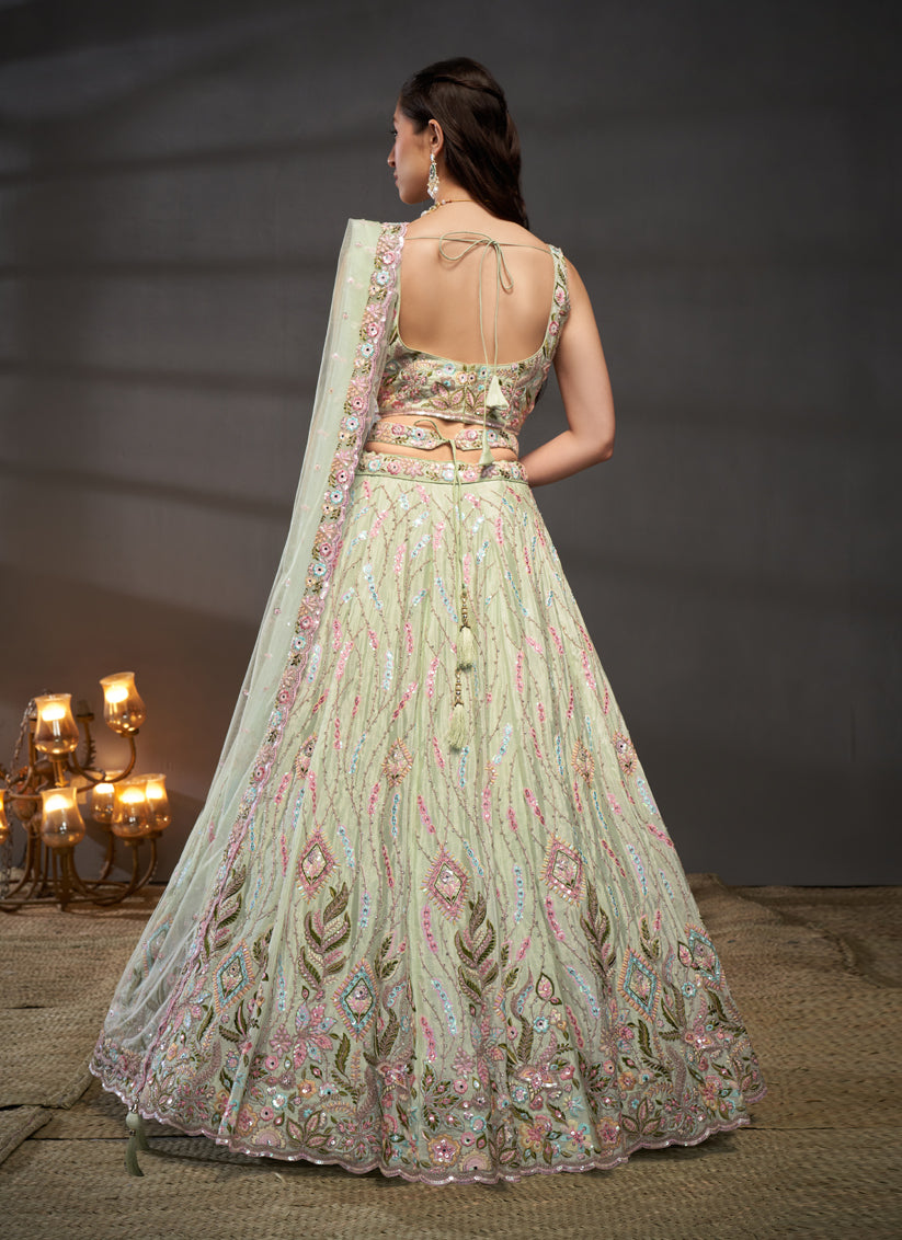 Pastel Green Chiffon Embroidered Designer Wedding Lehenga Choli