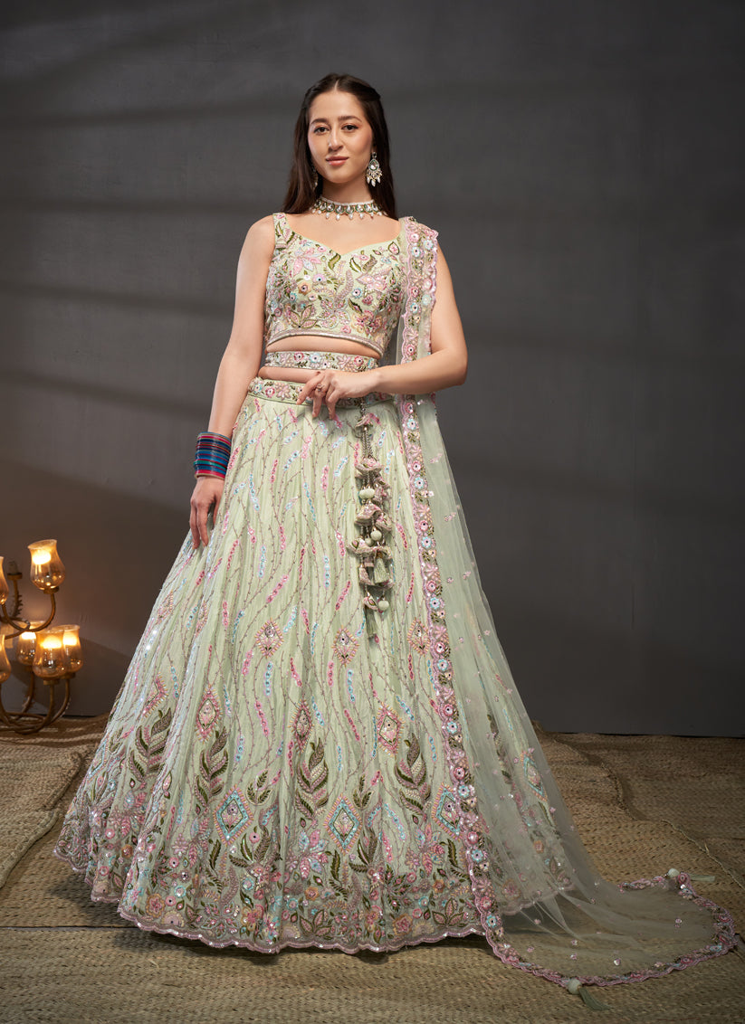 Pastel Green Chiffon Embroidered Designer Wedding Lehenga Choli