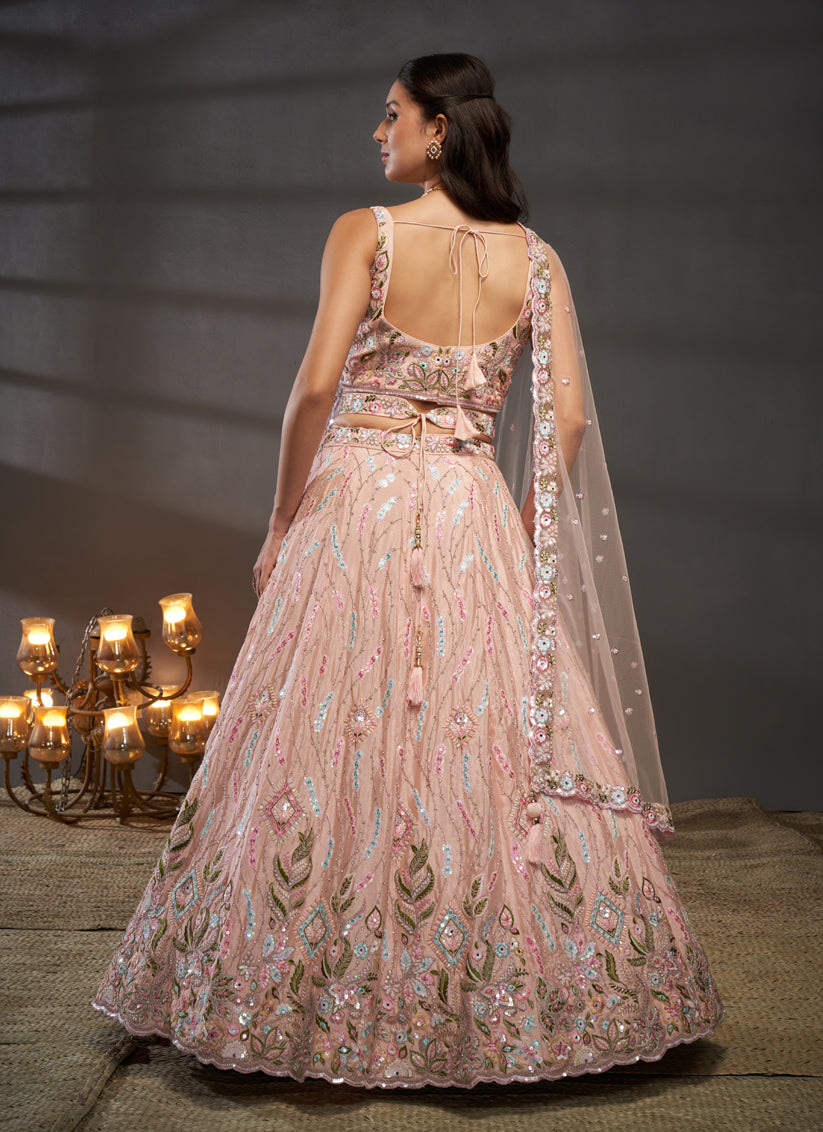 Blush Peach Chiffon Embroidered Designer Wedding Lehenga Choli