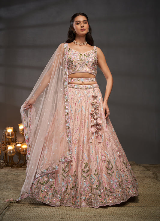 Blush Peach Chiffon Embroidered Designer Wedding Lehenga Choli