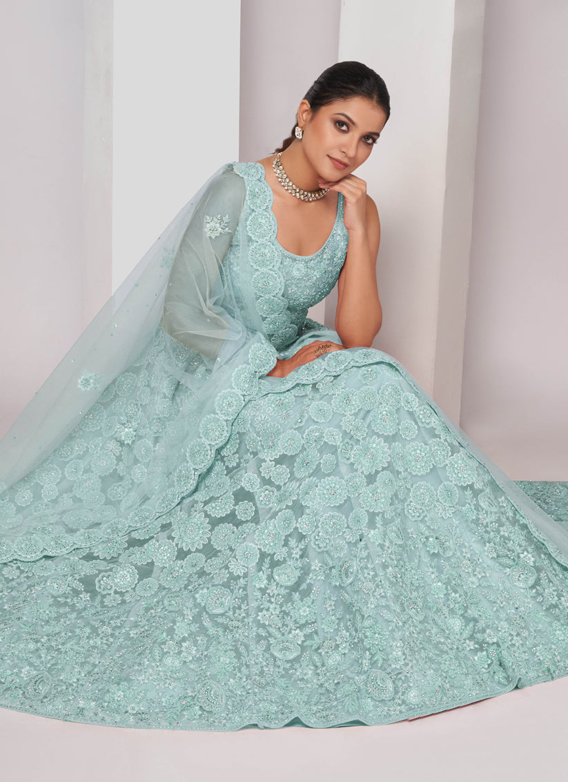 Sky Blue Soft Net Embroidered Wedding Lehenga Choli