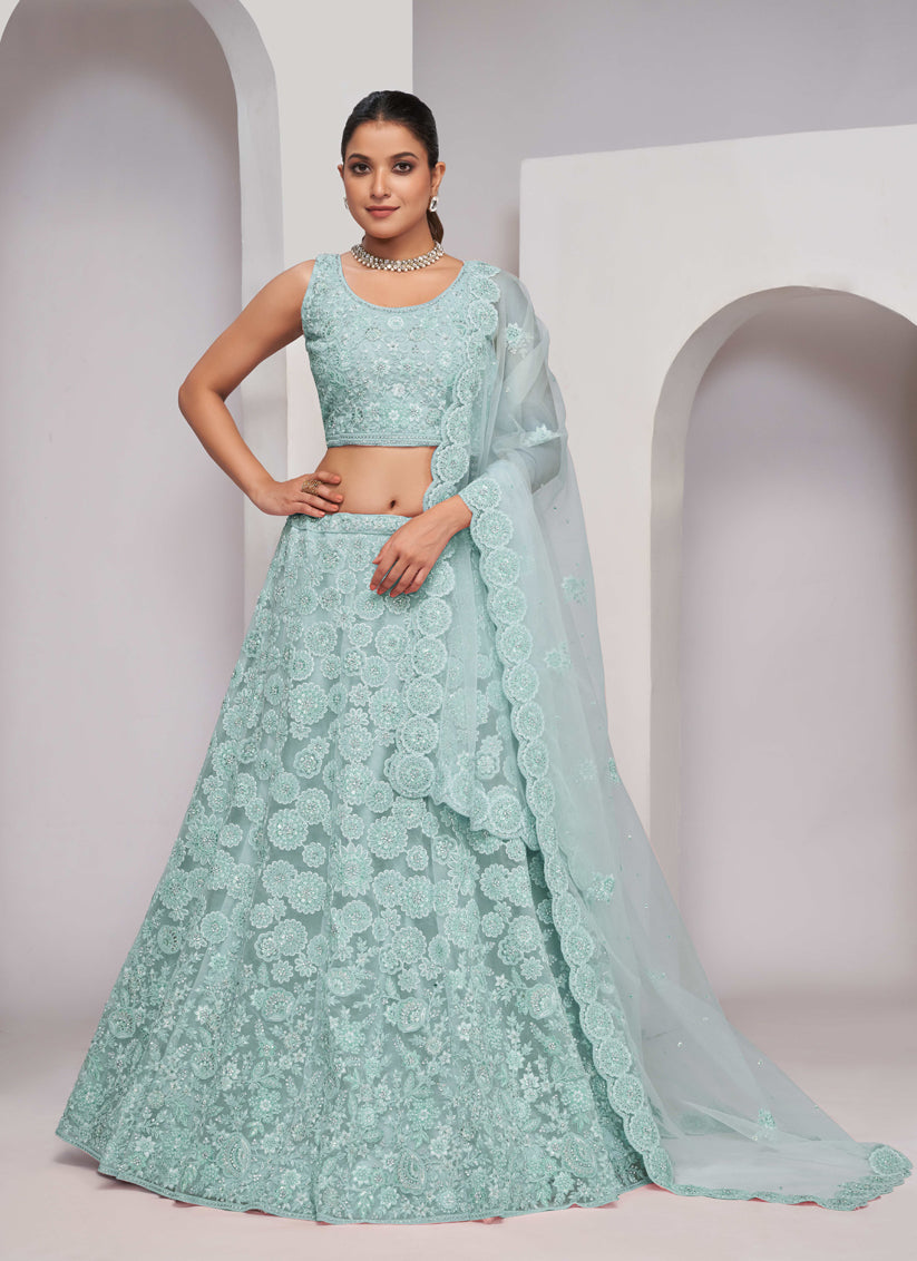 Sky Blue Soft Net Embroidered Wedding Lehenga Choli