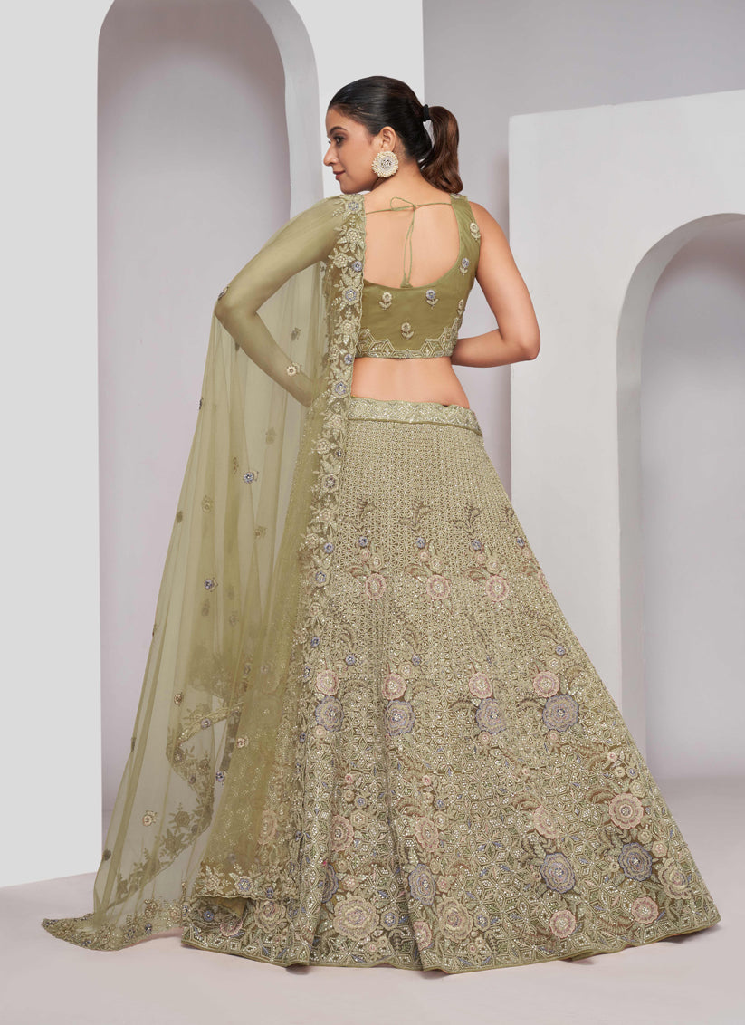 Olive Green Soft Net Embroidered Wedding Lehenga Choli