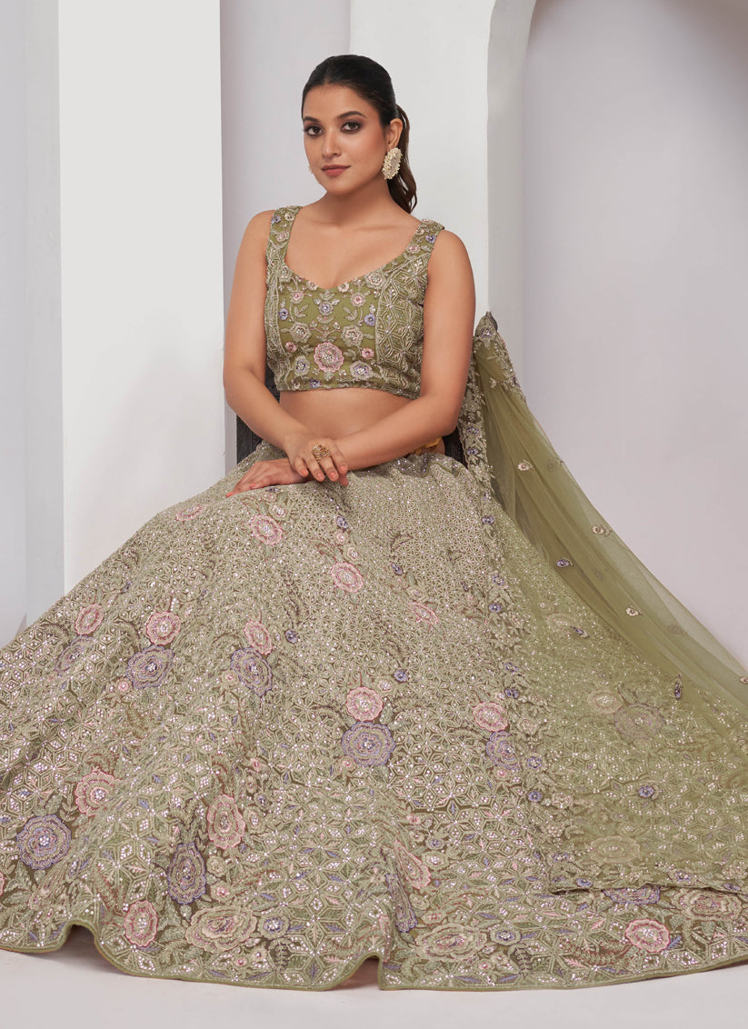 Olive Green Soft Net Embroidered Wedding Lehenga Choli