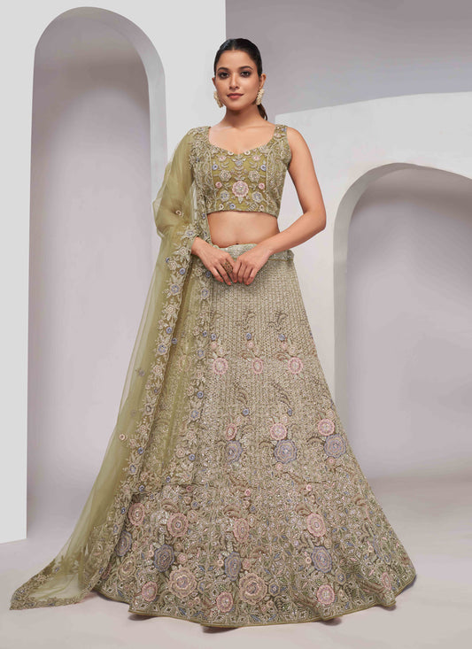 Olive Green Soft Net Embroidered Wedding Lehenga Choli