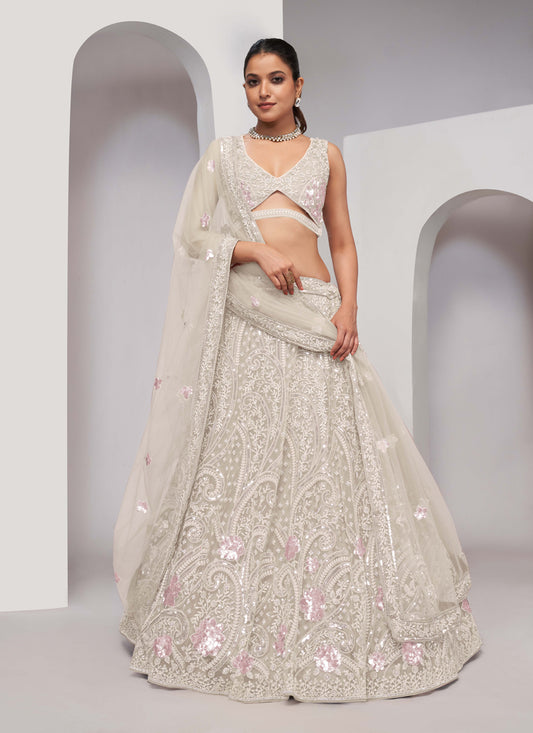 Off White Soft Net Embroidered Wedding Lehenga Choli