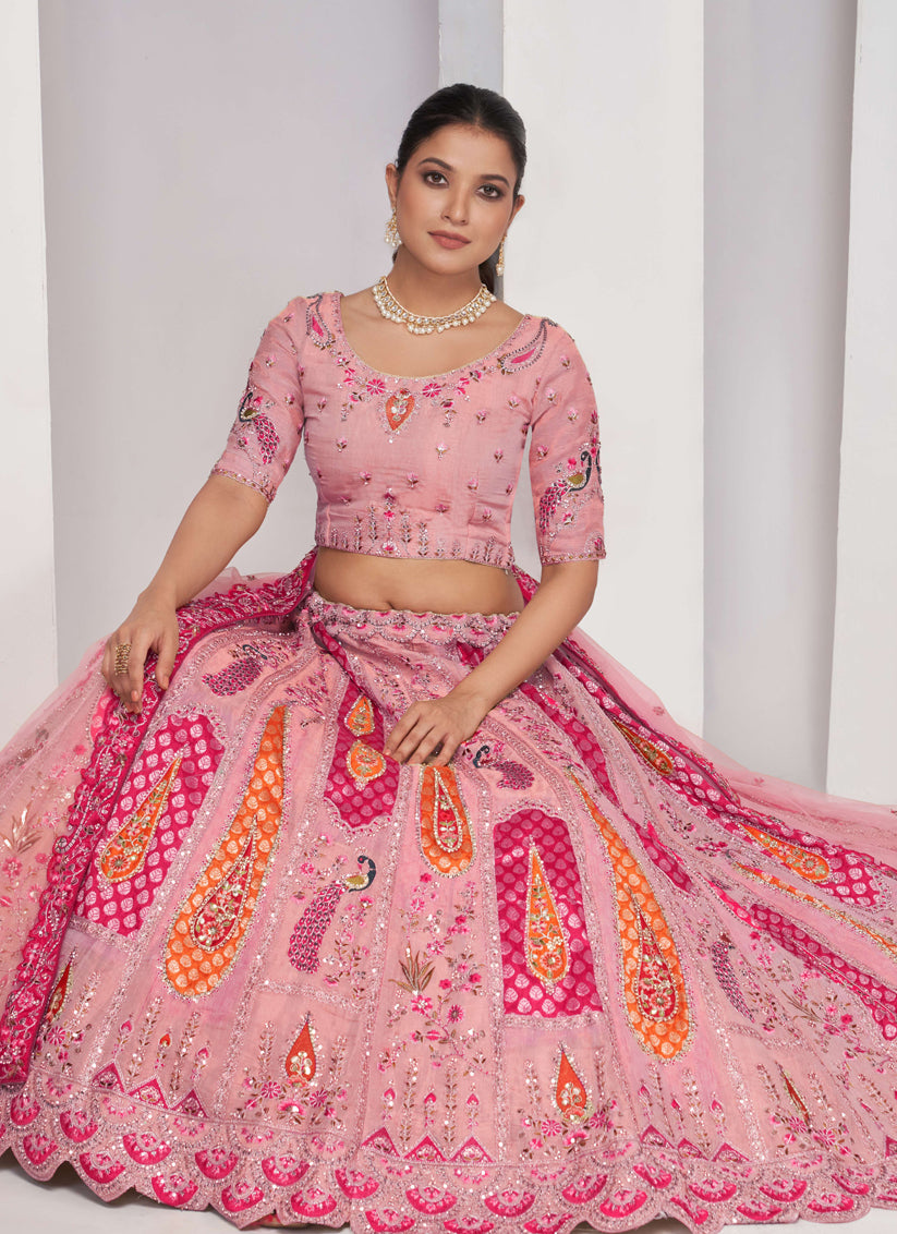 Pink Silk Embroidered Wedding Lehenga Choli