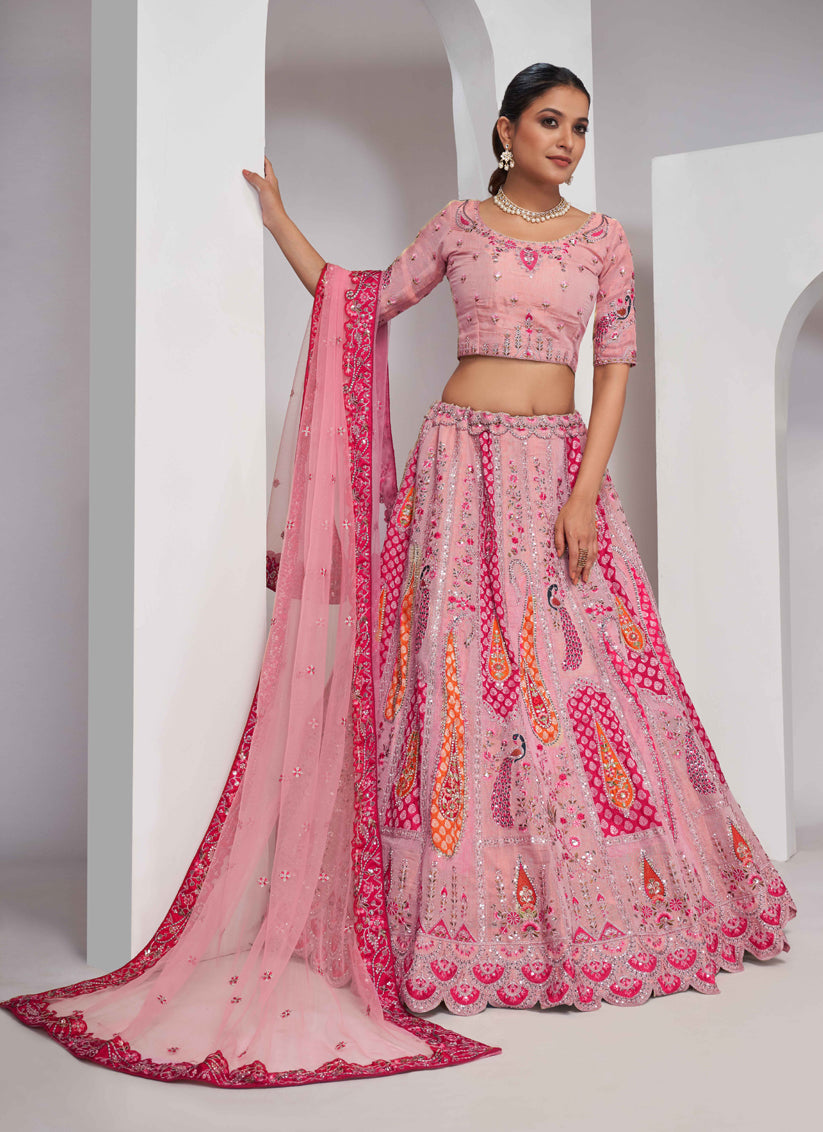 Pink Silk Embroidered Wedding Lehenga Choli