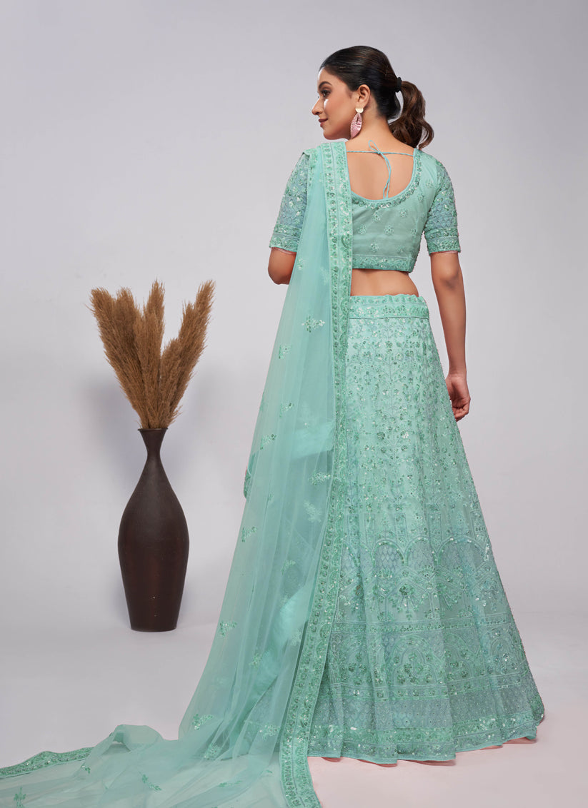 Mint Green Soft Net Embroidered Wedding Lehenga Choli