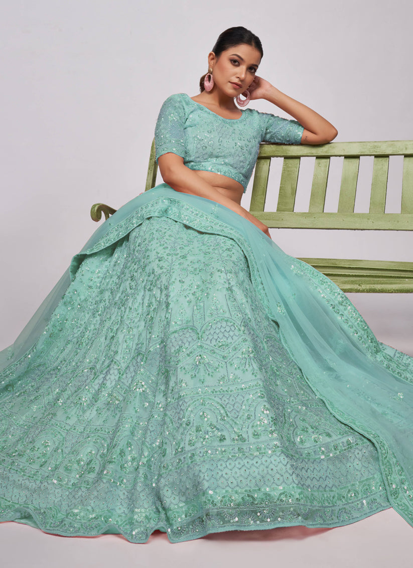 Mint Green Soft Net Embroidered Wedding Lehenga Choli