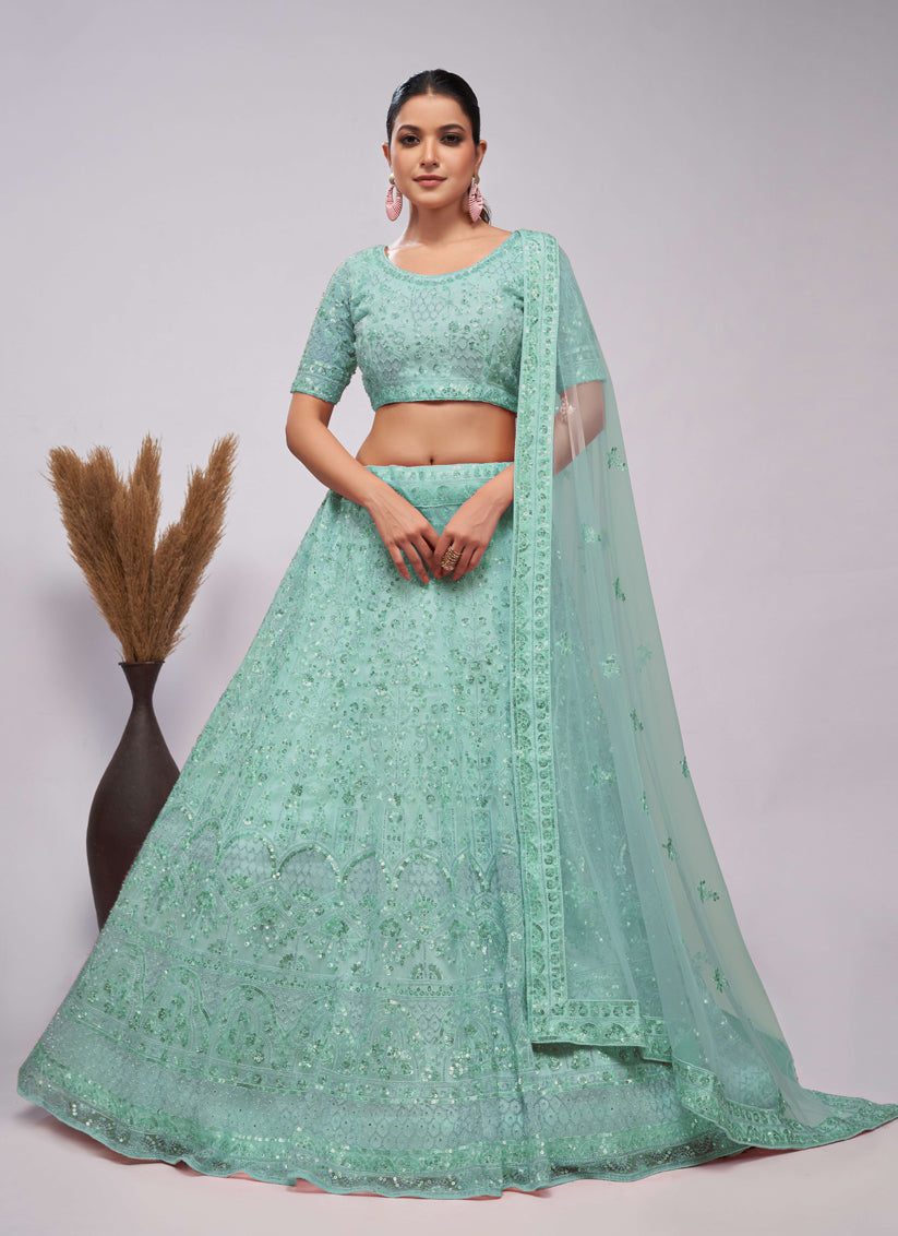 Mint Green Soft Net Embroidered Wedding Lehenga Choli