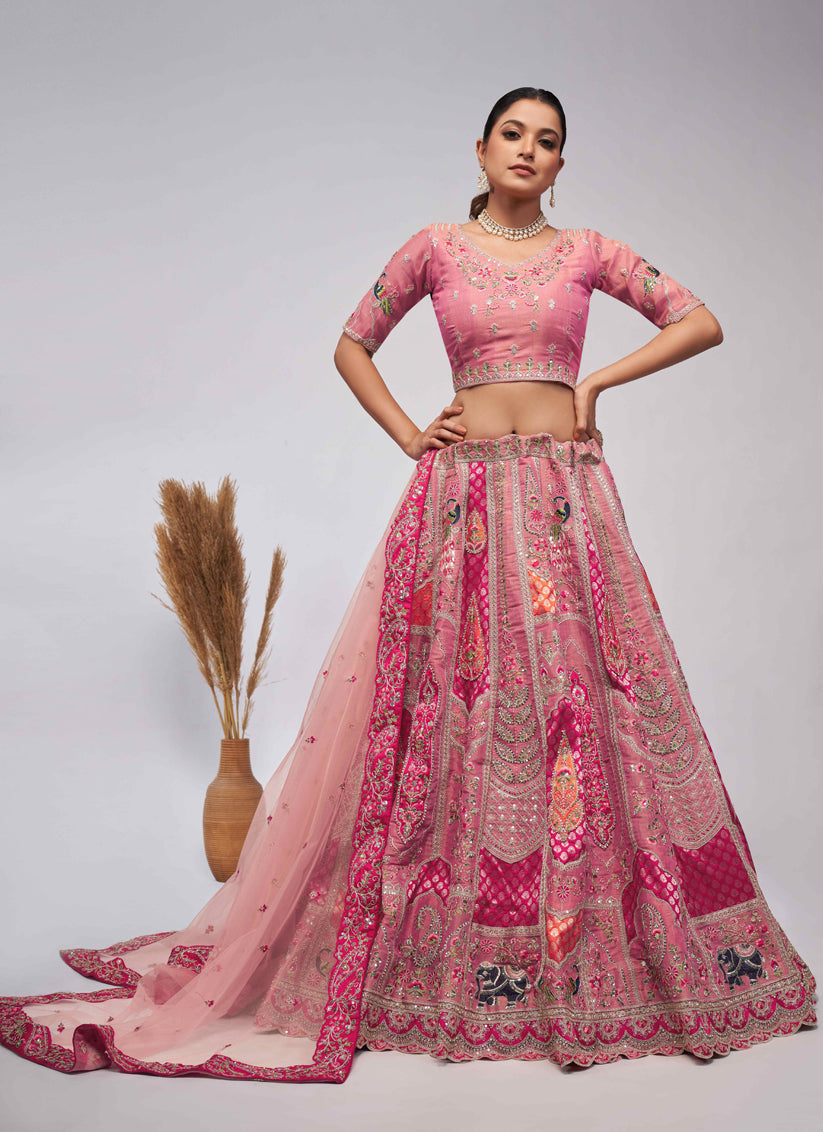 Pink Silk Embroidered Wedding Lehenga Choli