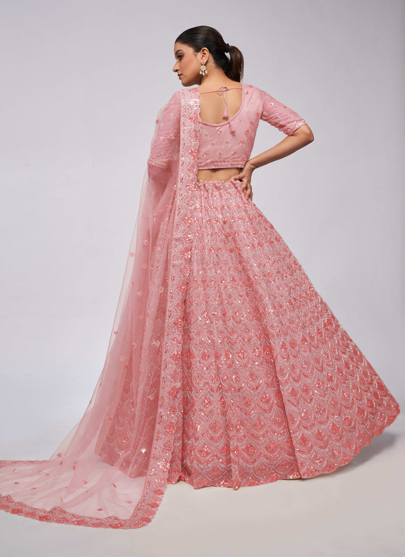 Coral Pink Soft Net Embroidered Wedding Lehenga Choli