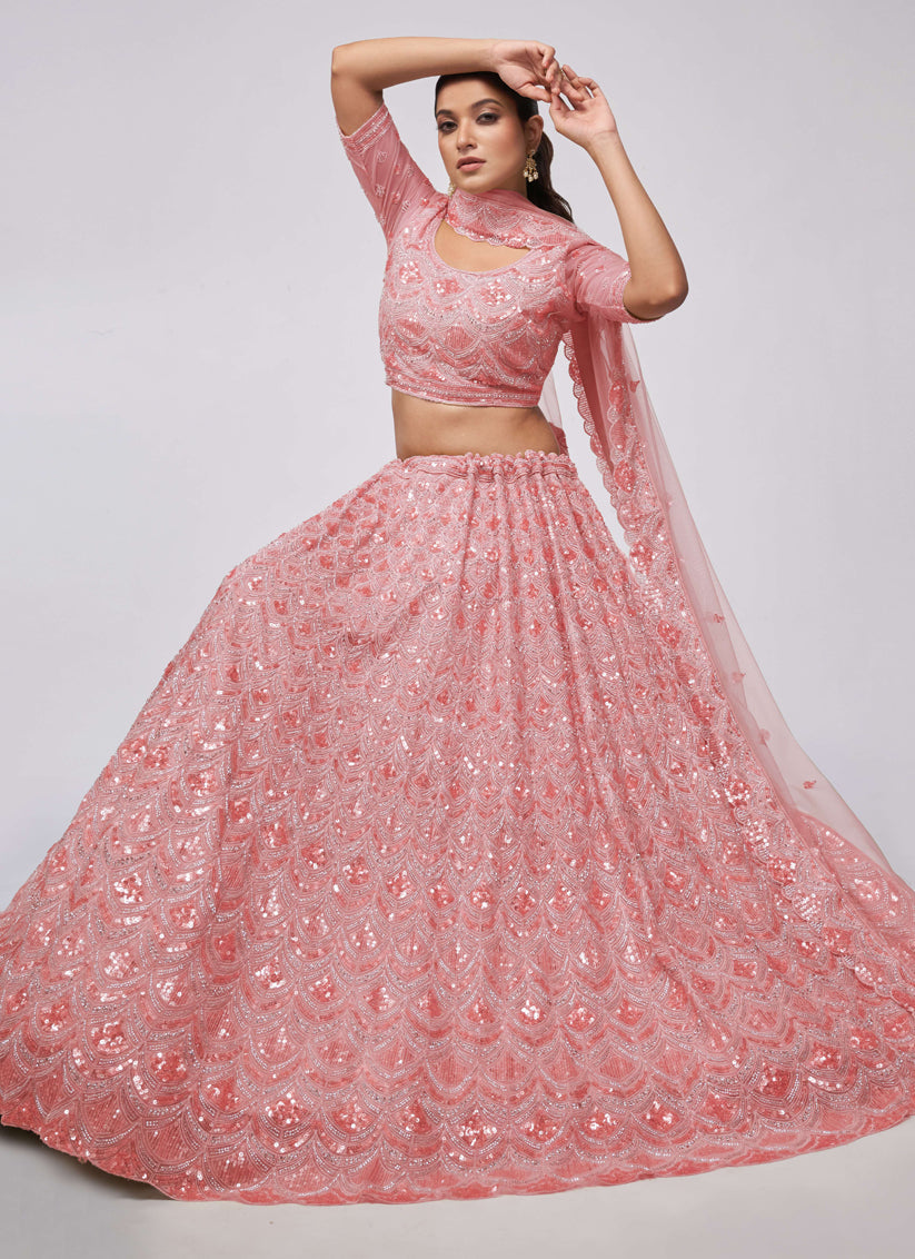 Coral Pink Soft Net Embroidered Wedding Lehenga Choli