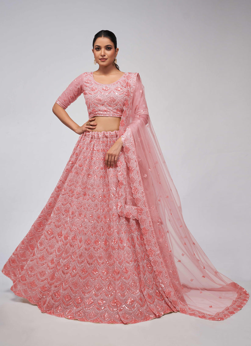 Coral Pink Soft Net Embroidered Wedding Lehenga Choli