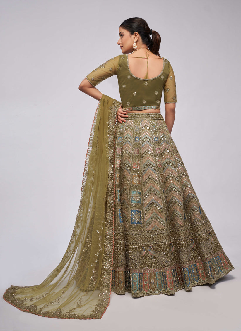 Olive Green Soft Net Embroidered Wedding Lehenga Choli