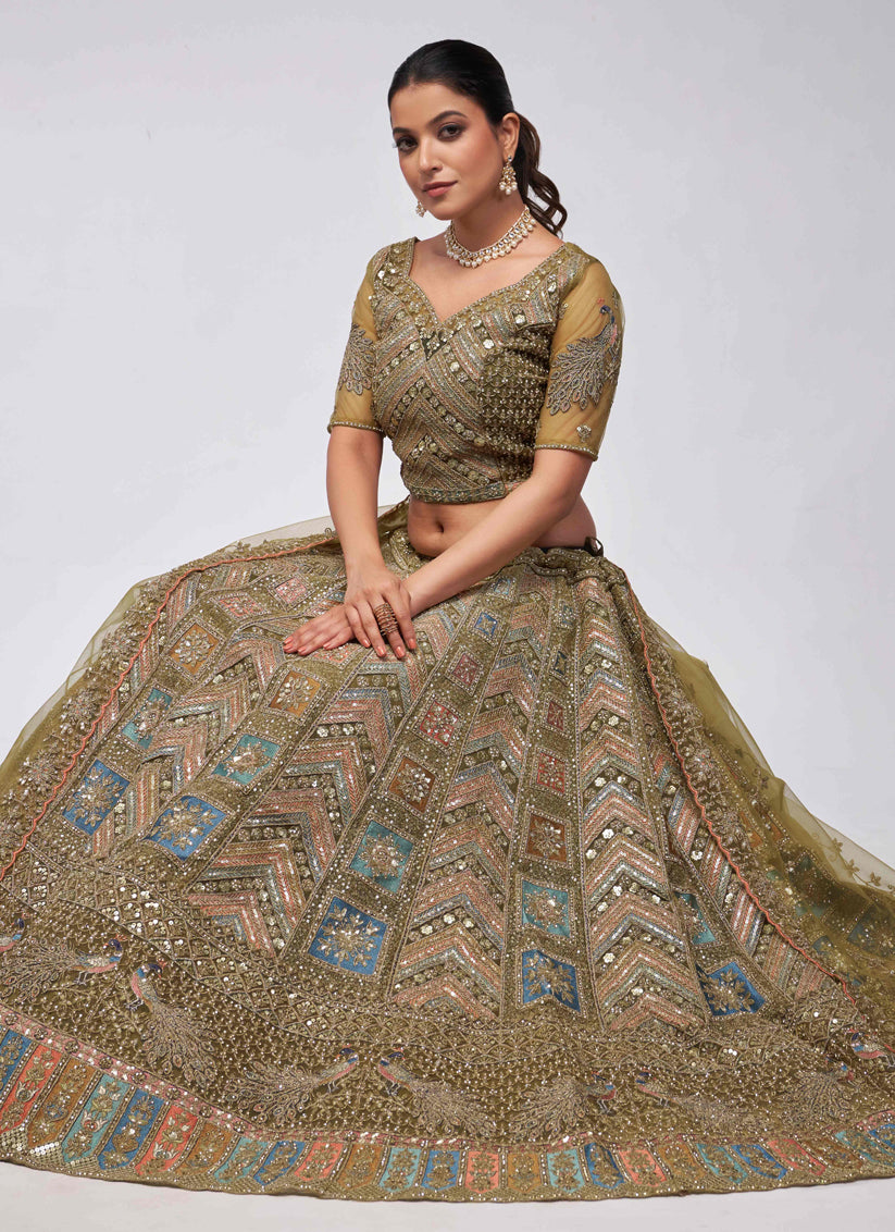 Olive Green Soft Net Embroidered Wedding Lehenga Choli