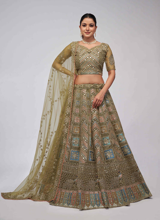 Olive Green Soft Net Embroidered Wedding Lehenga Choli