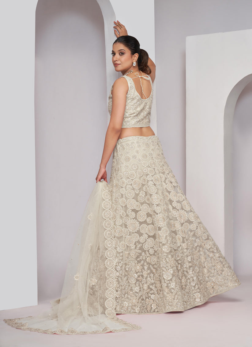 Ivory Soft Net Embroidered Wedding Lehenga Choli