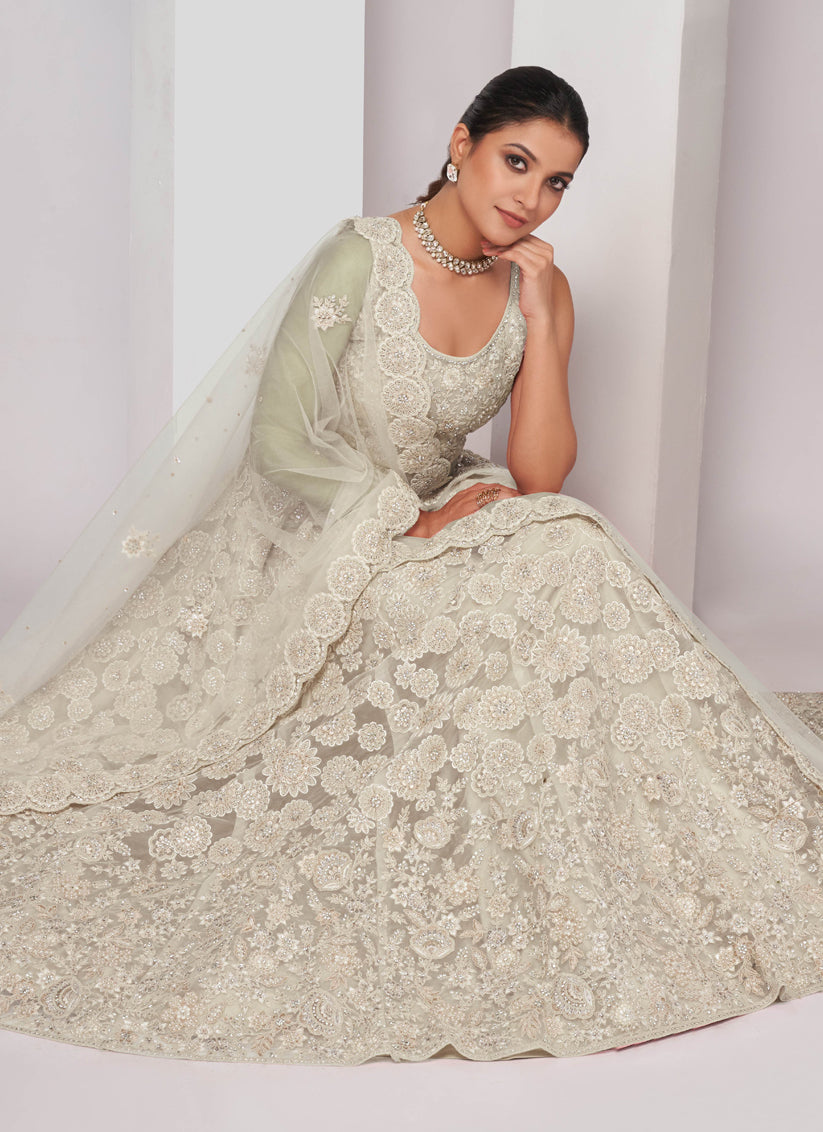 Ivory Soft Net Embroidered Wedding Lehenga Choli