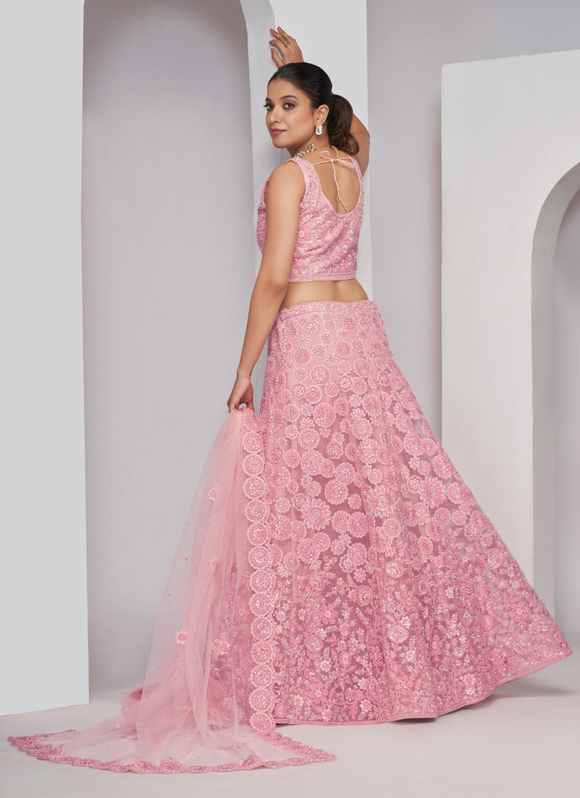 Pink Soft Net Embroidered Wedding Lehenga Choli